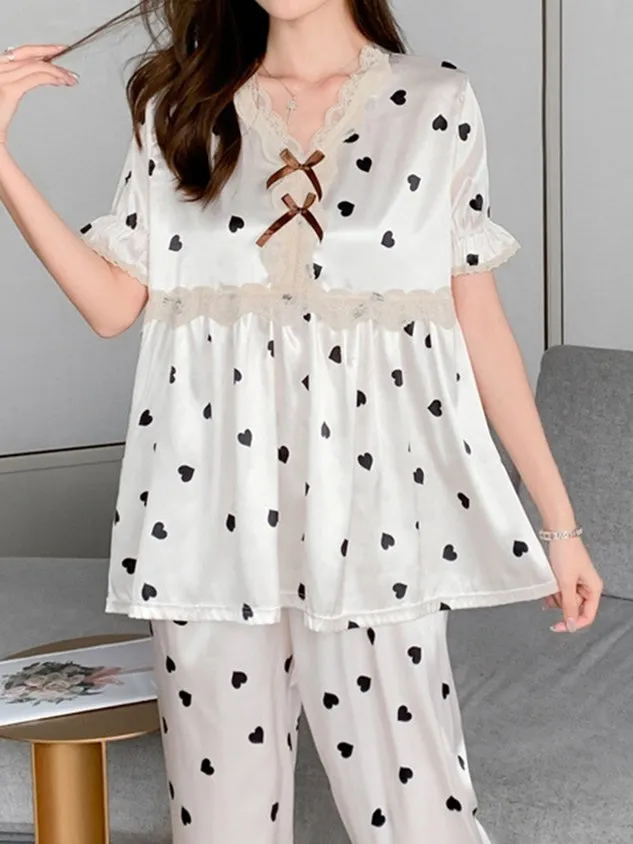 Heart Abstract Print Lace Elegant Romantic Silk Pajama Set