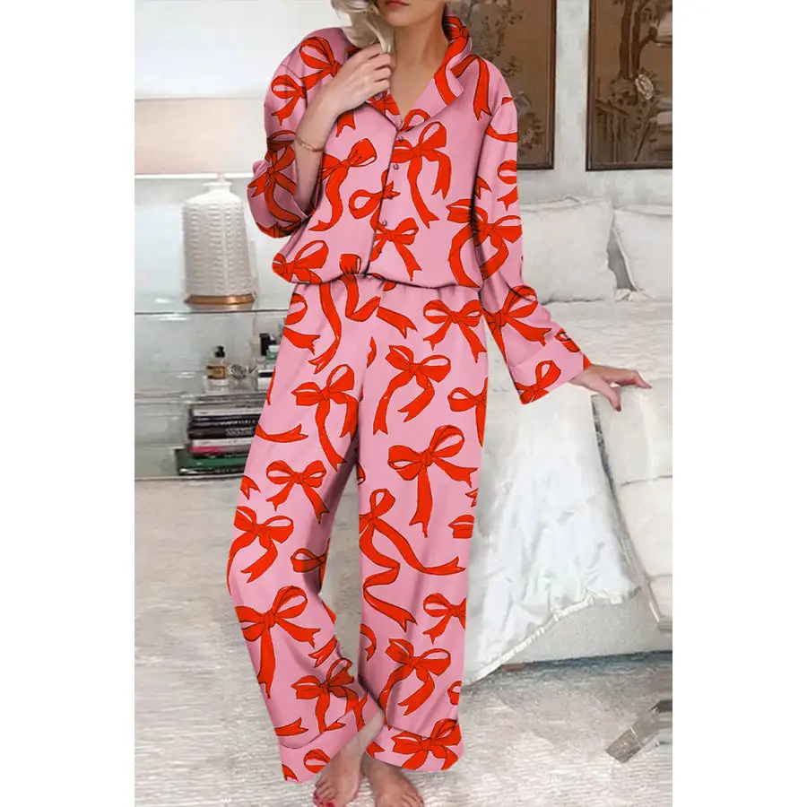 Pcs Bow Print Shirt Sleeve Pajama Set