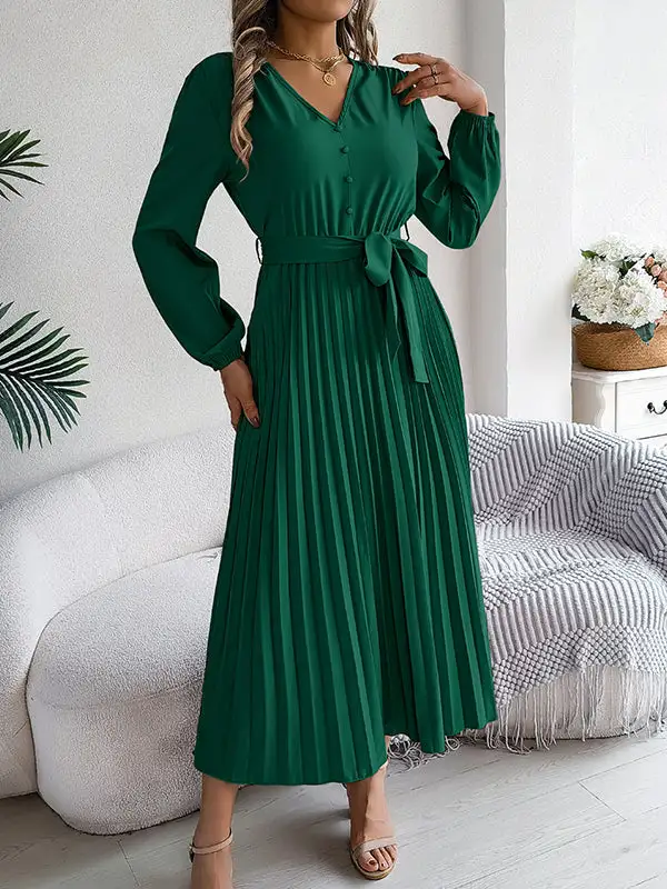 Pleated Buttoned Belted Long Neck Maxi Dress