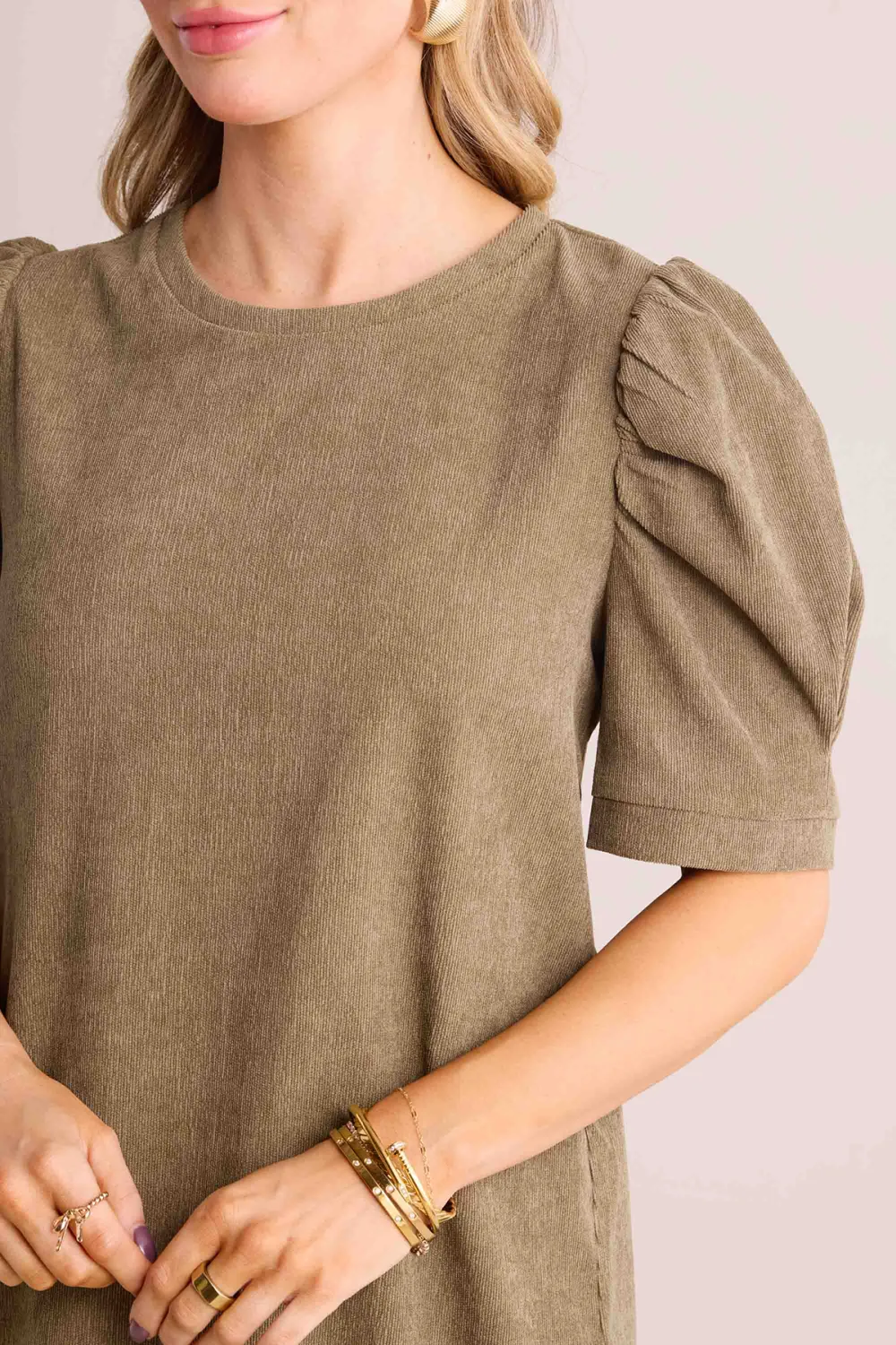 Khaki Puff Sleeve Shift Dress