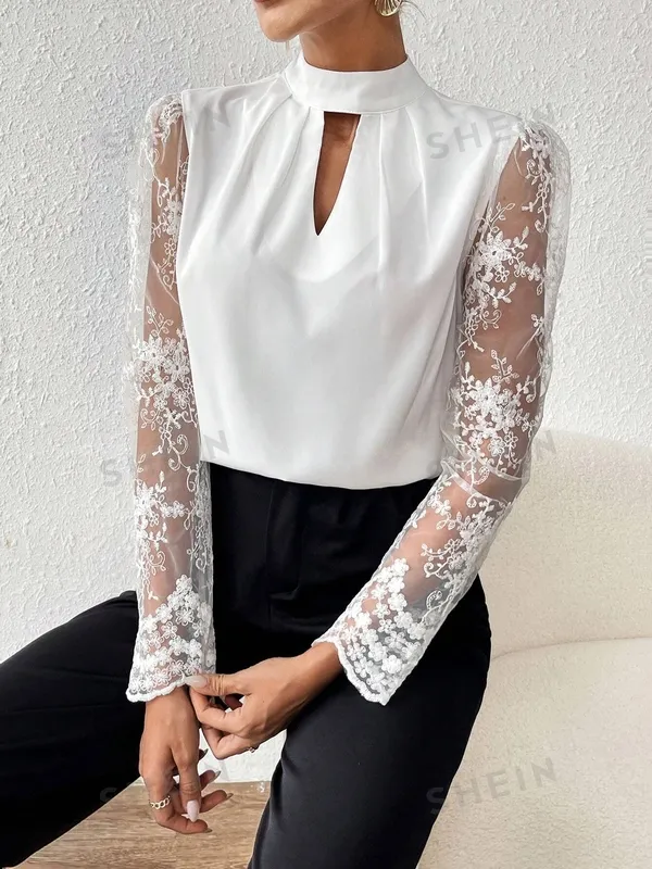 Women's Contrast Lace Button Cut Out Keyhole Neckline Blouse