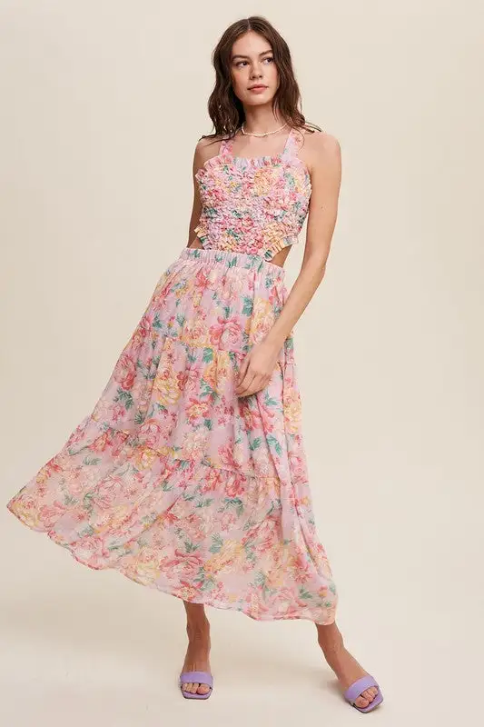 Floral Bubble Textured Two-Piece Style Maxi Dress