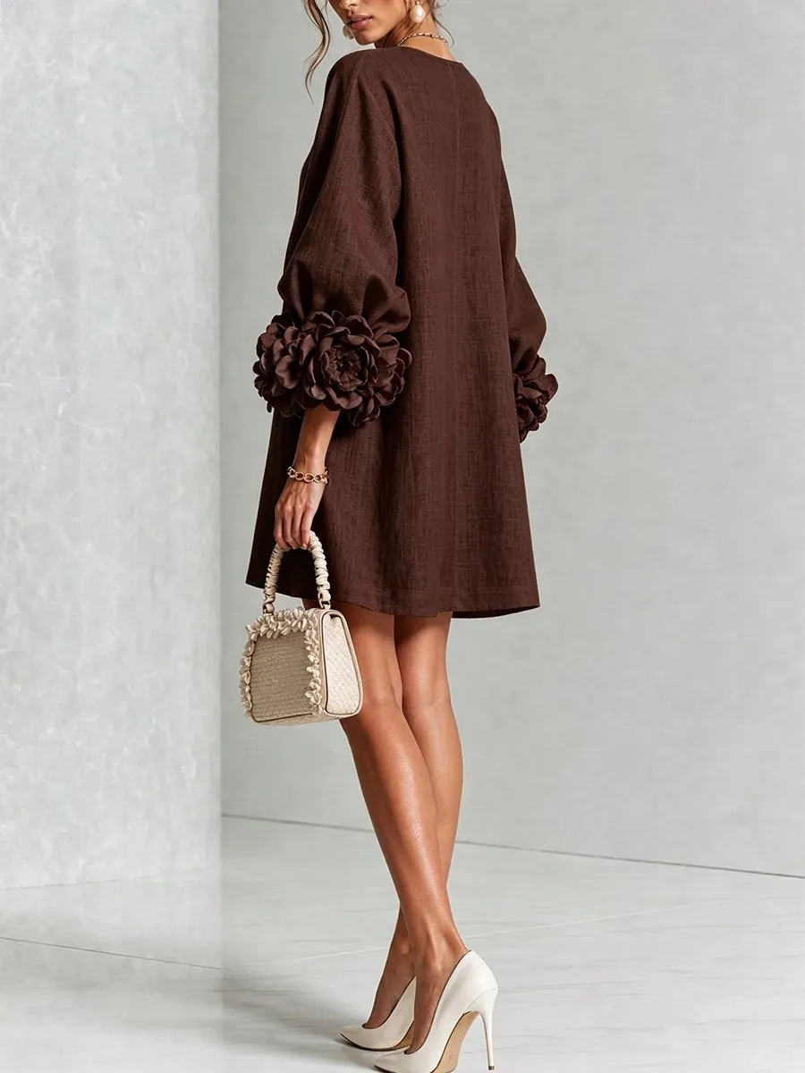 Elegant 3D Floral Button-Front Mini Dress With Striking Floral Cuffs