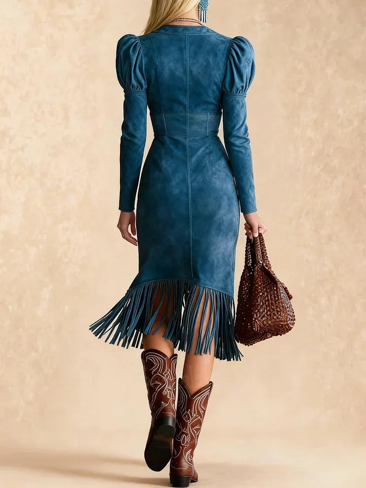 Blue Suede Puff Sleeve V-Neck Tassel Midi Dress