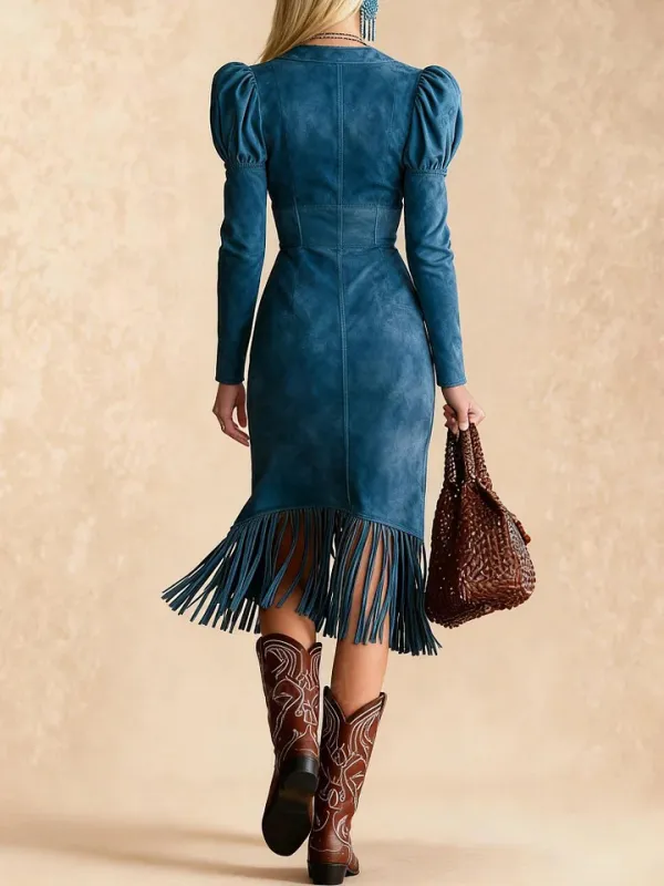 Blue Suede Puff Sleeve V-Neck Tassel Midi Dress