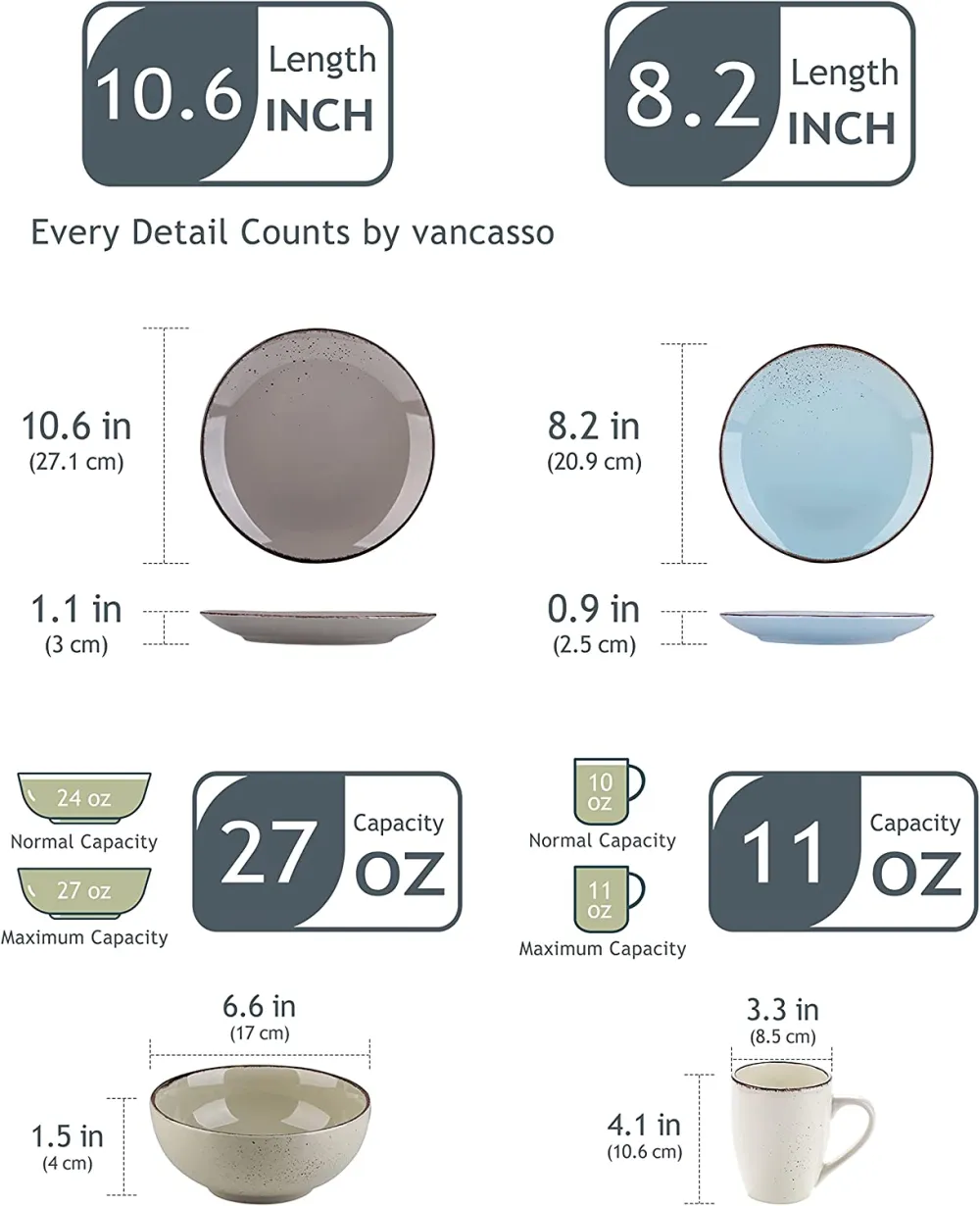 vancasso Navia Ceramic Dinnerware Set, 48 pieces Set of 12 Stoneware Spray Spot Patterned Service Dish with Dinner Plates, Salad Plates, Bowls, Mugs - Grey