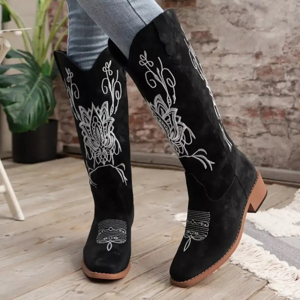 Embroidered Block Heels Boots