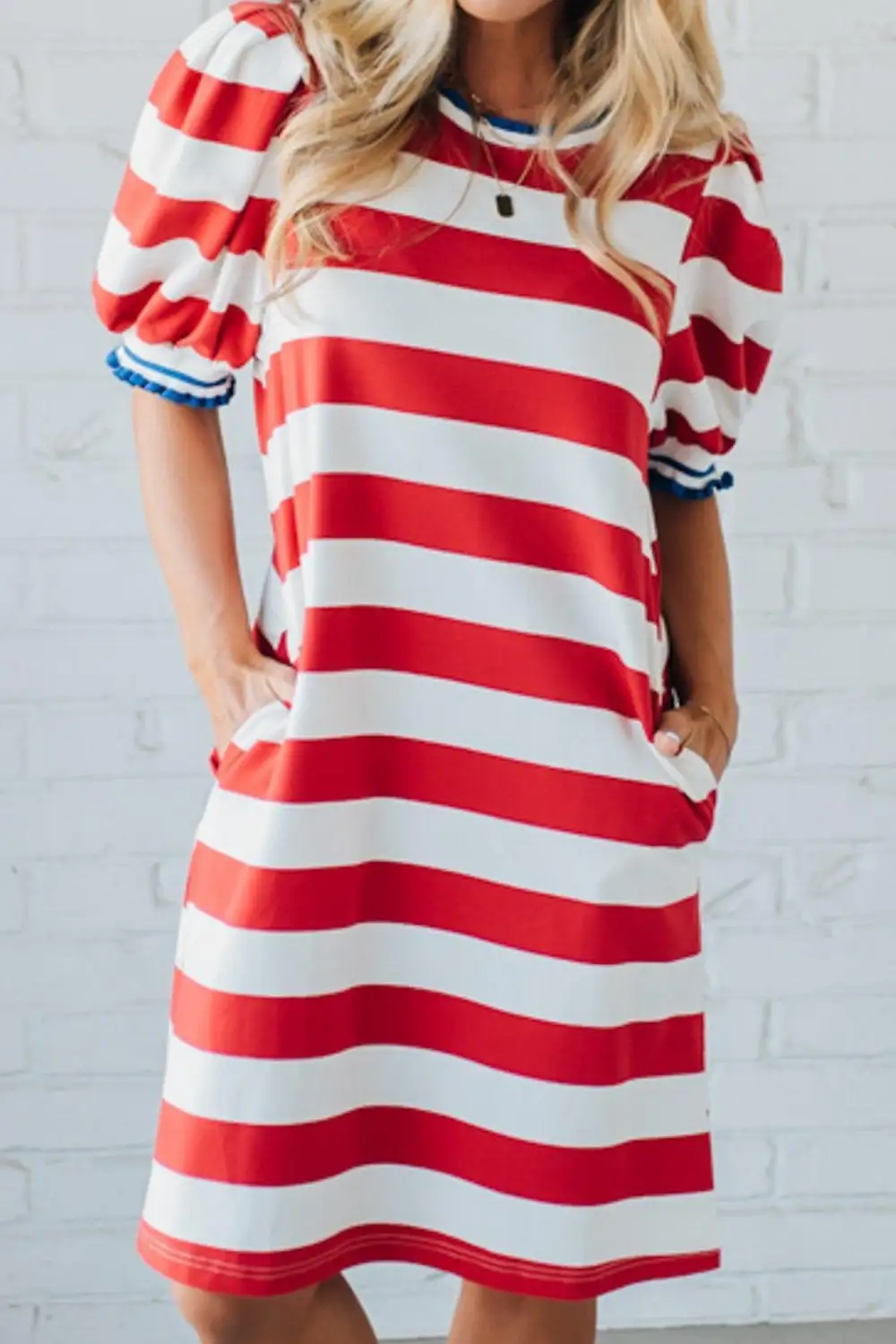 Stripe Contrast Trim Round Neck Short Puff Sleeve Shift Dress