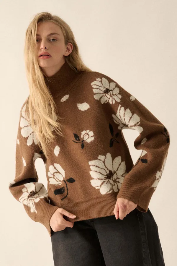 Winter Bouquet Mock-Neck Floral Jacquard Sweater