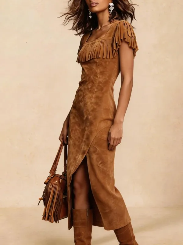 Western Retro Light Brown Faux Suede Slit Tassel Short-Sleeve Midi Dress