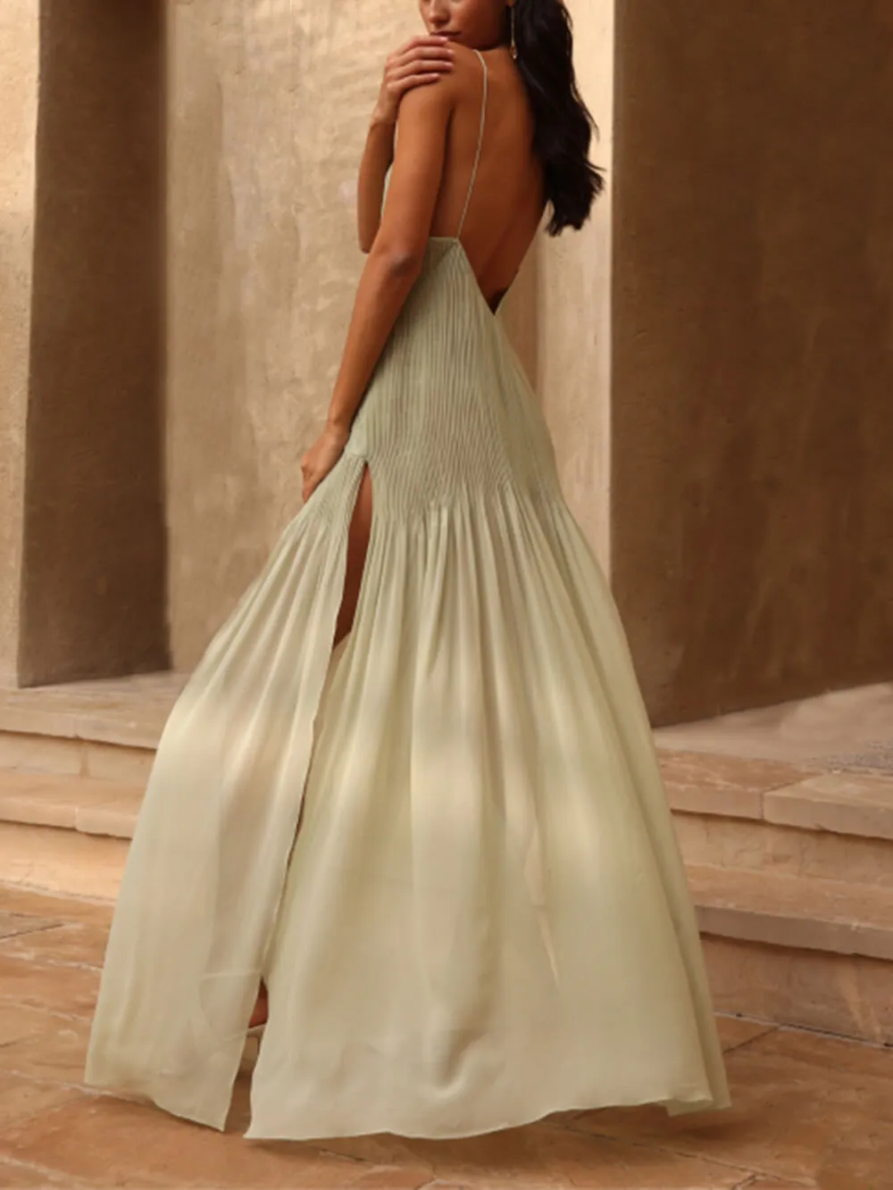 Sunset Pleated Patchwork Slit Maxi Dress