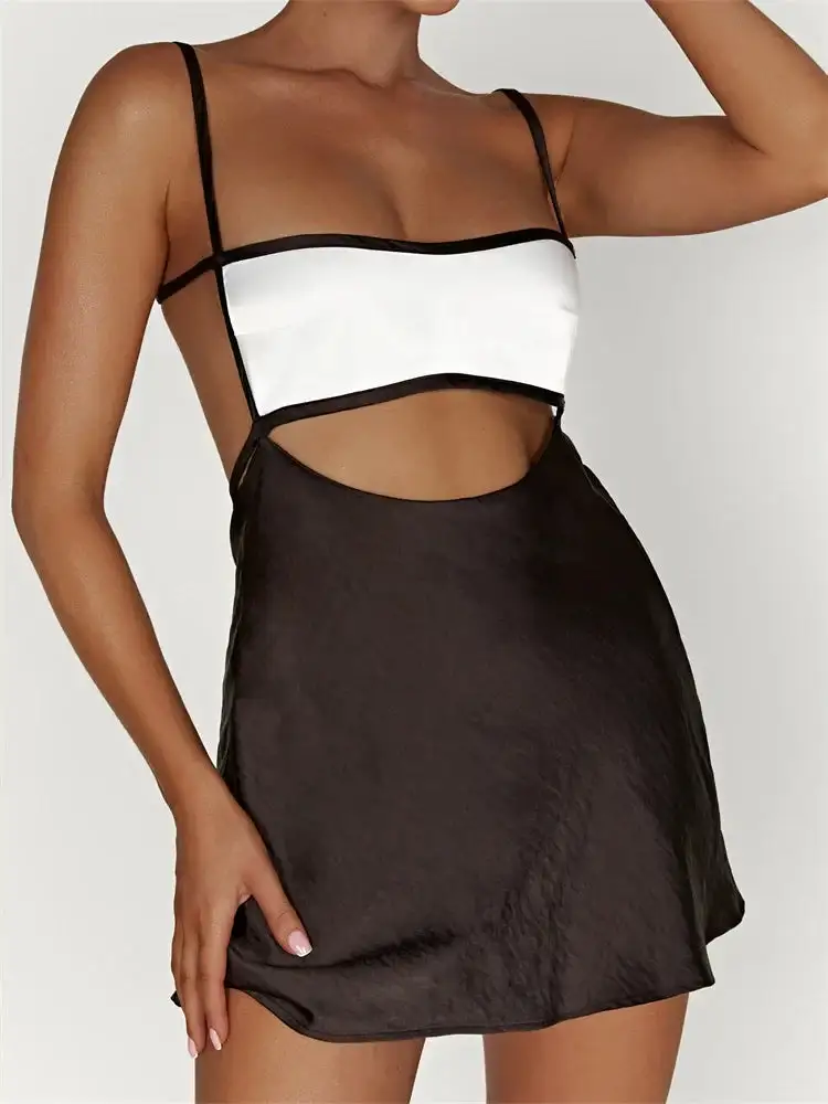 Sexy Sleeveless Strap Patchwork Hollow Out Backless Mini Dress