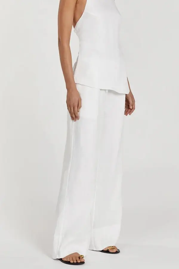 WHITE LINEN ELASTIC WAIST PANT