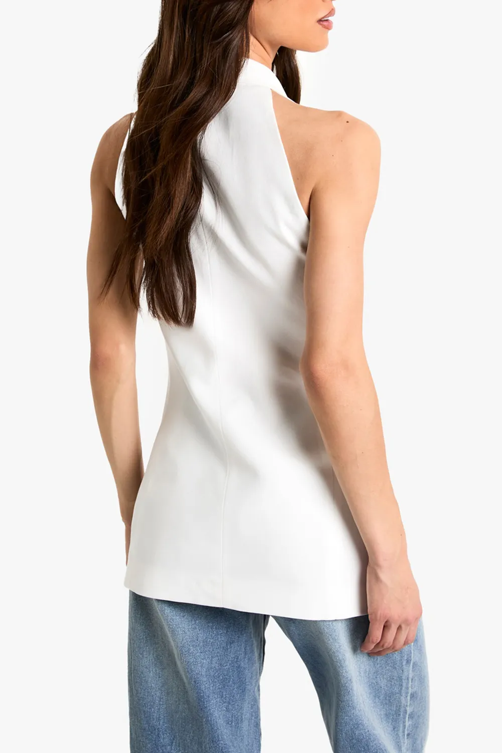 Long Deep V-neck White Vest for Ladies