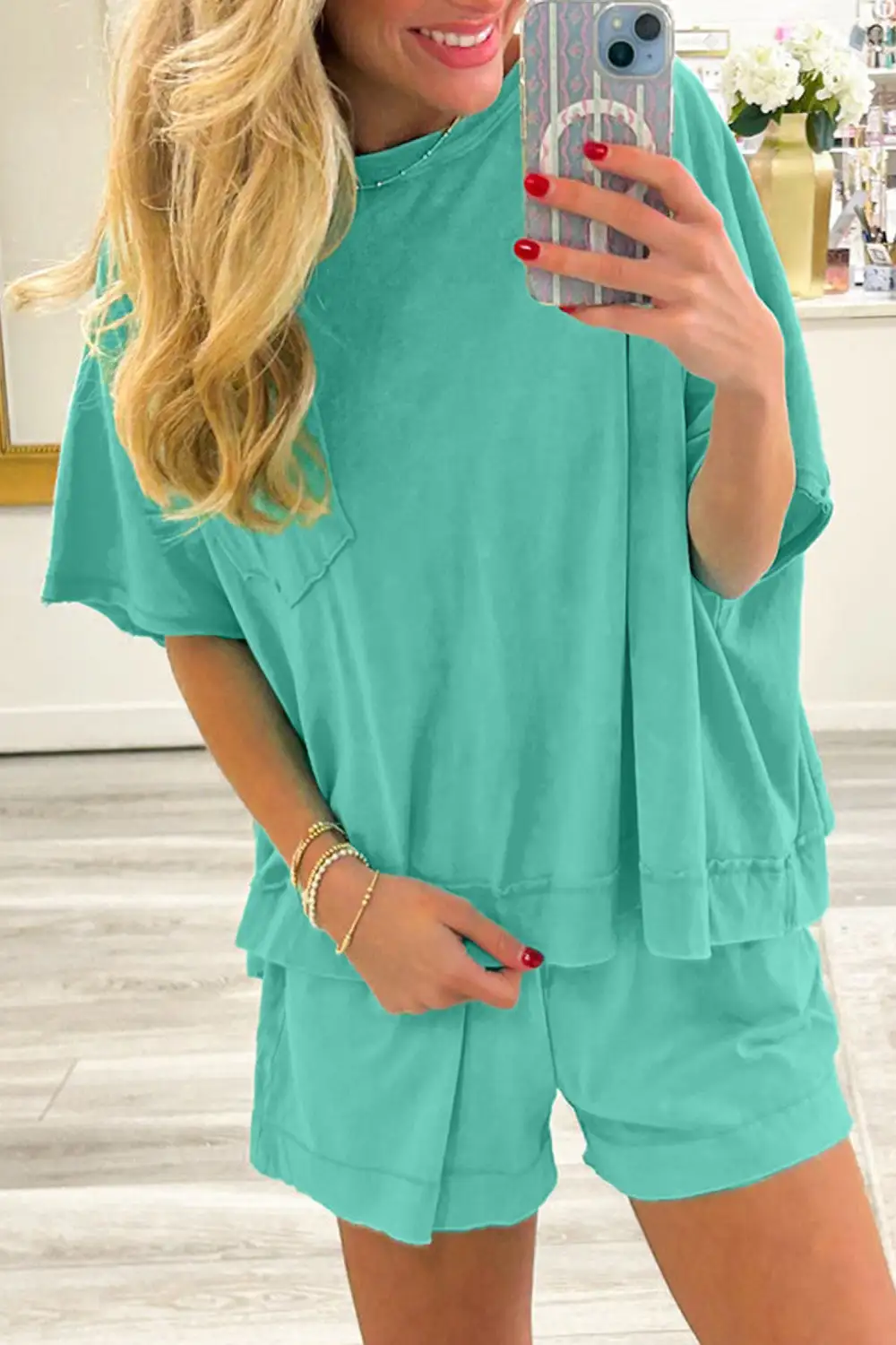 Woven Raw Hem Patch Pocket Oversized Two Piece Set