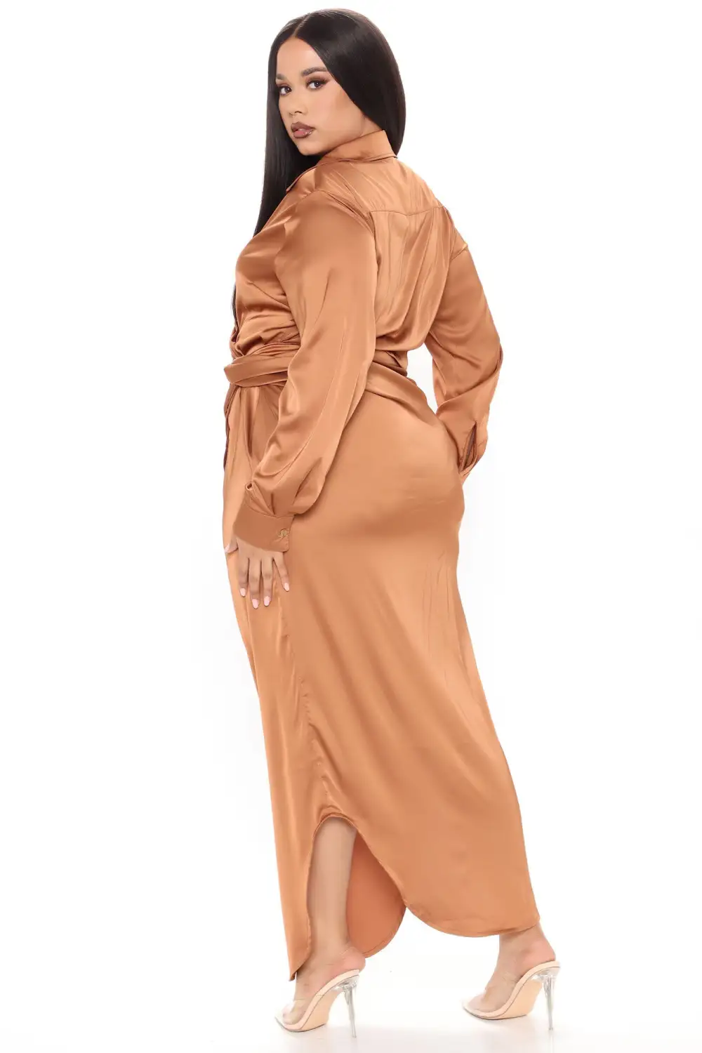 Gabriella Satin Maxi Shirt Dress - Copper