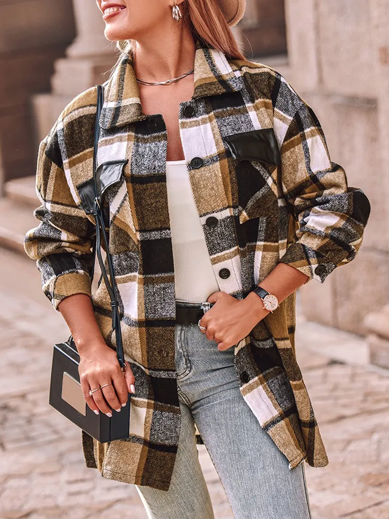 Casual retro plaid single breasted long sleeve jacket