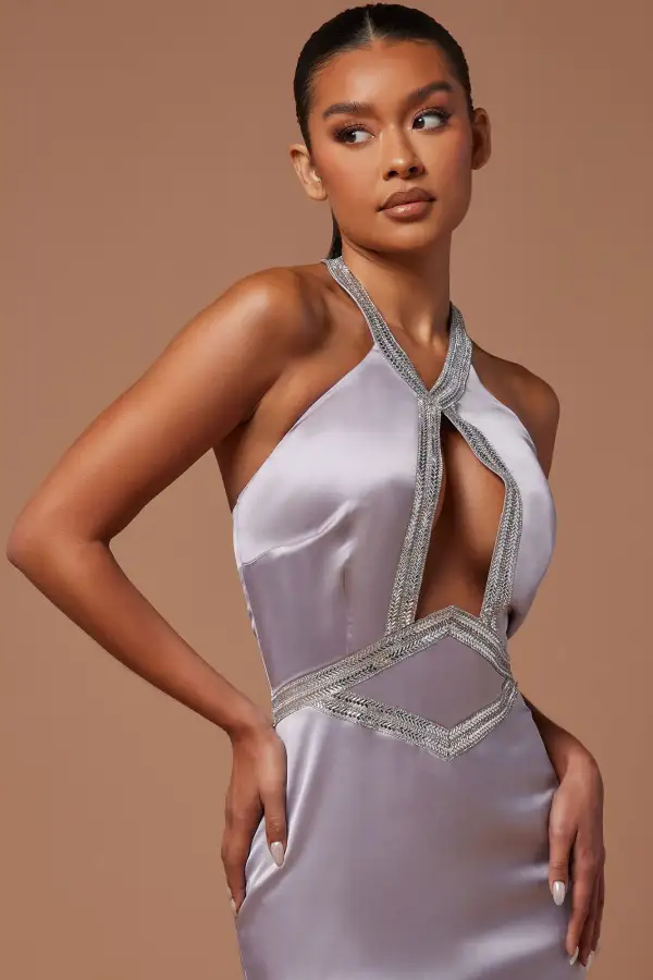 Marnee Satin Embellished Gown - Grey