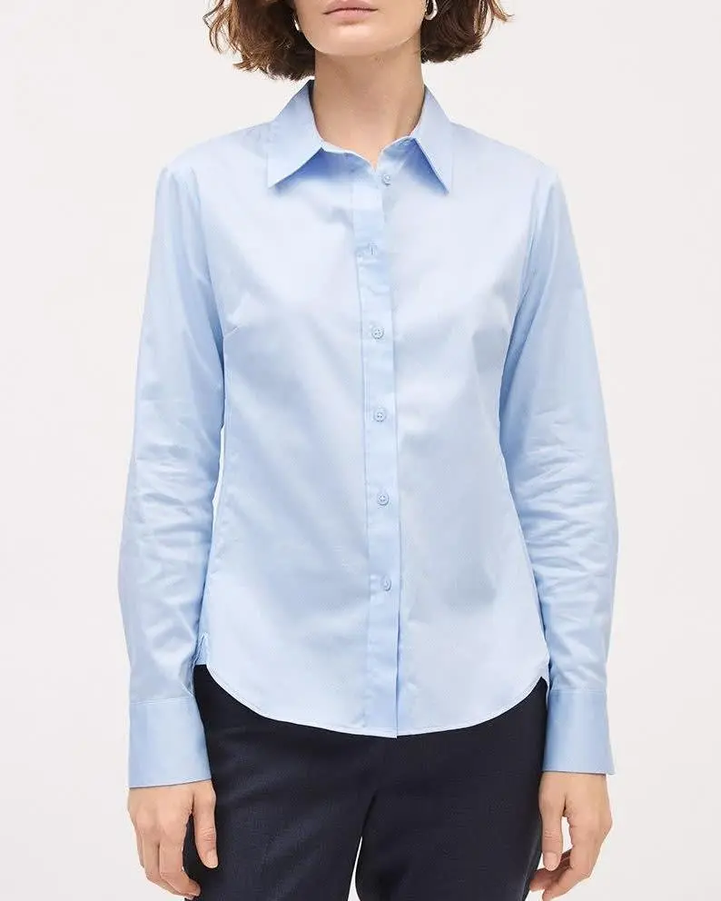 Long-Sleeve Buttoned-Down Poplin Blouse - Light Blue