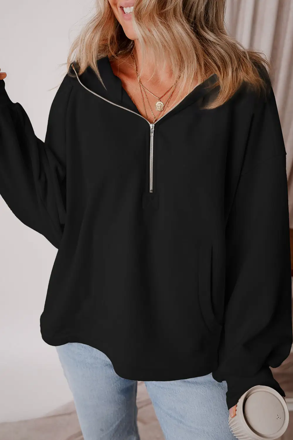 Everyday Relaxed Fleece Pocket Detail Zip Detail Hoodie