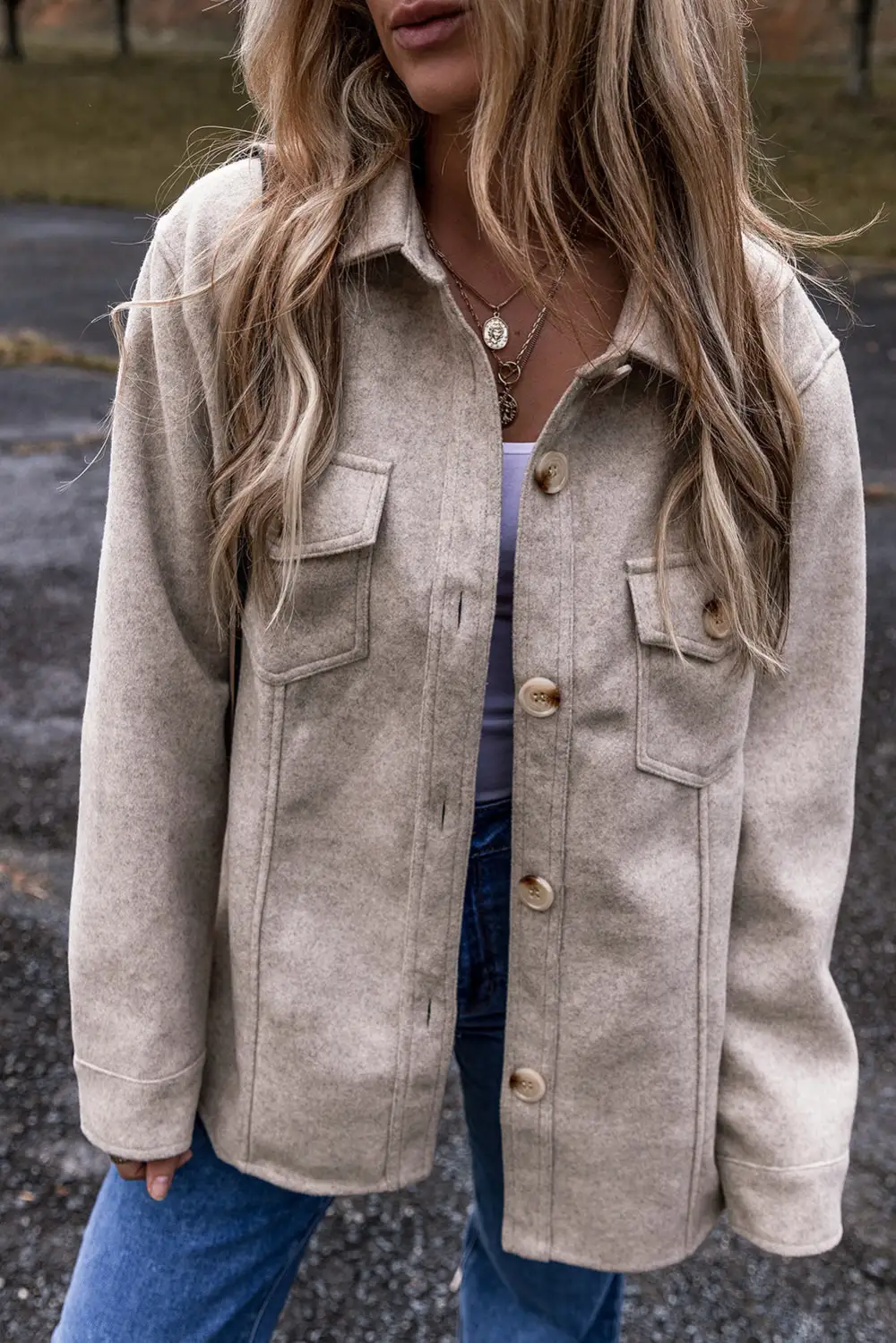 Turn Down Collar Flap Pockets Button Shirt Jacket