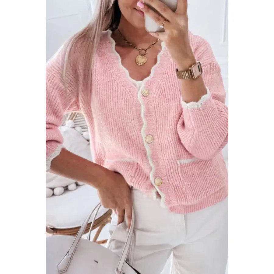 Contrast Trim V Neck Long Sleeve Cardigan