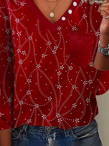 Casual Floral V Neck Long Sleeve T-shirt