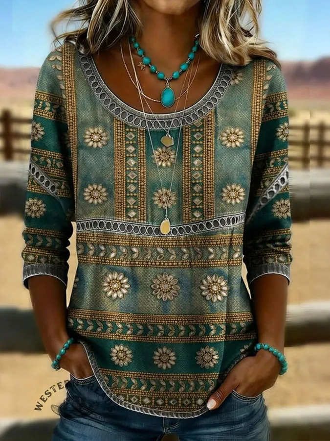 Women'S Western Retro Printed Casual T-Shirt