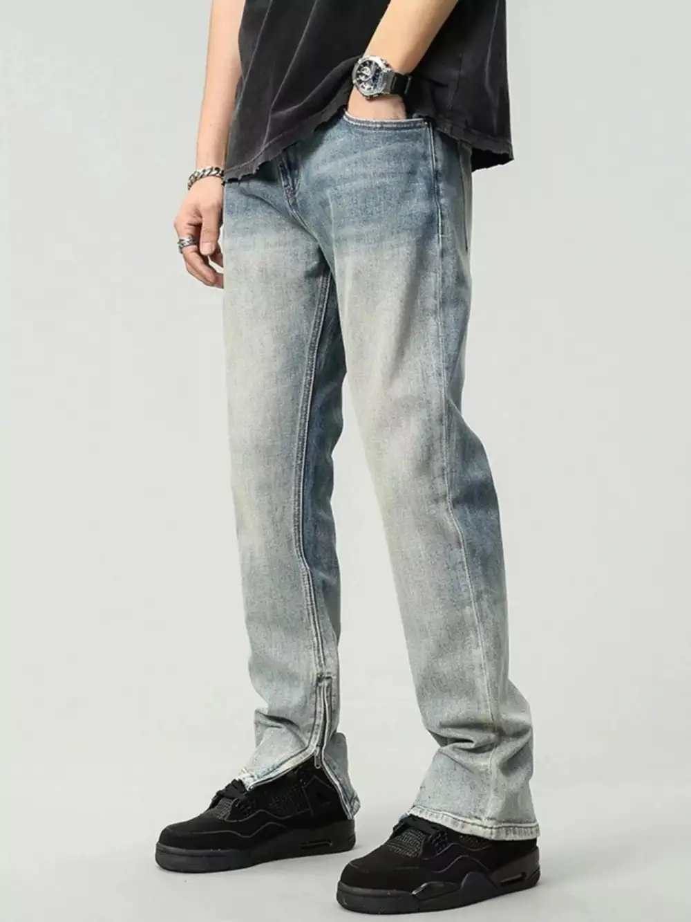 Zip Detail Washed Straight Leg Jeans