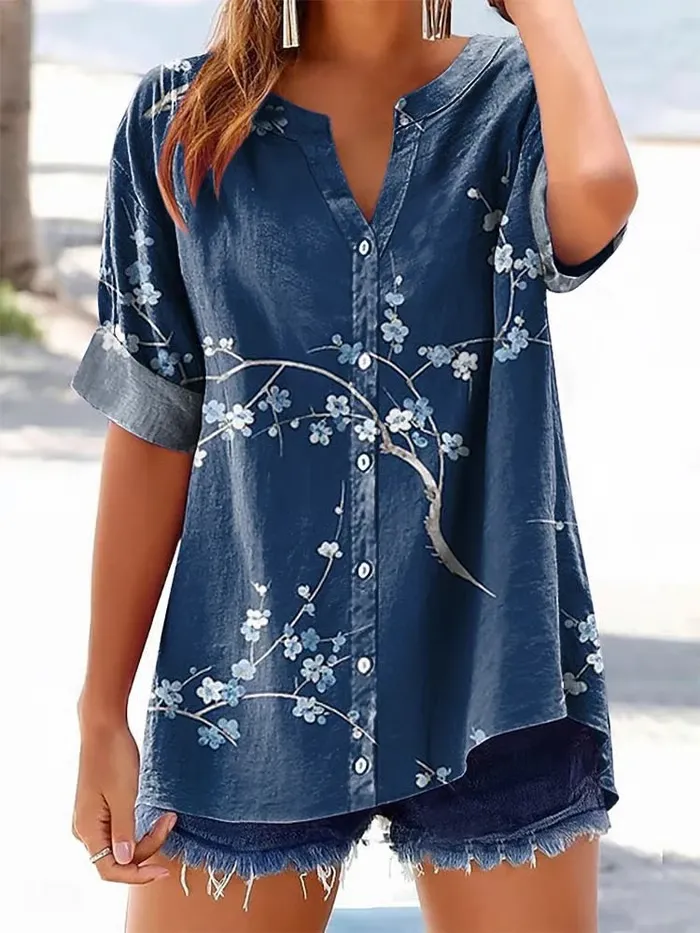 Women's Short-Sleeved Shirt With Plum Blossom Print