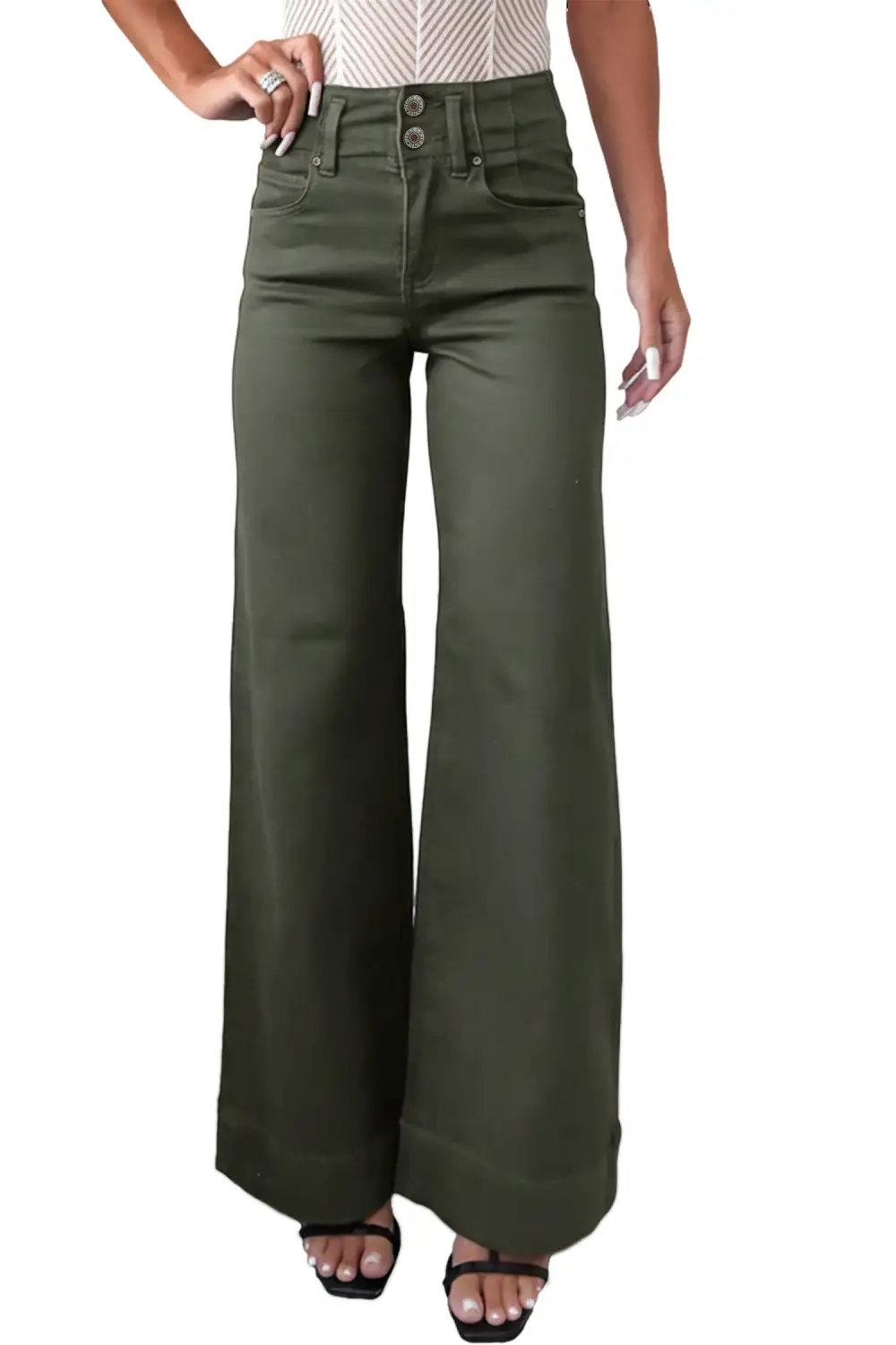 -button High Waist Flared Bottom Jeans