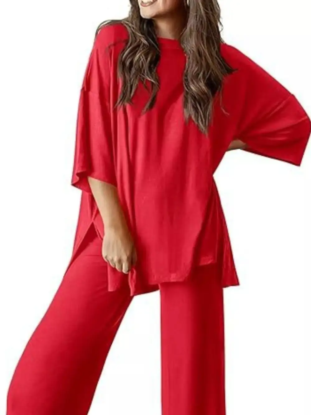 Relaxed Fit Round Neck Top and Pants Two Piece Set