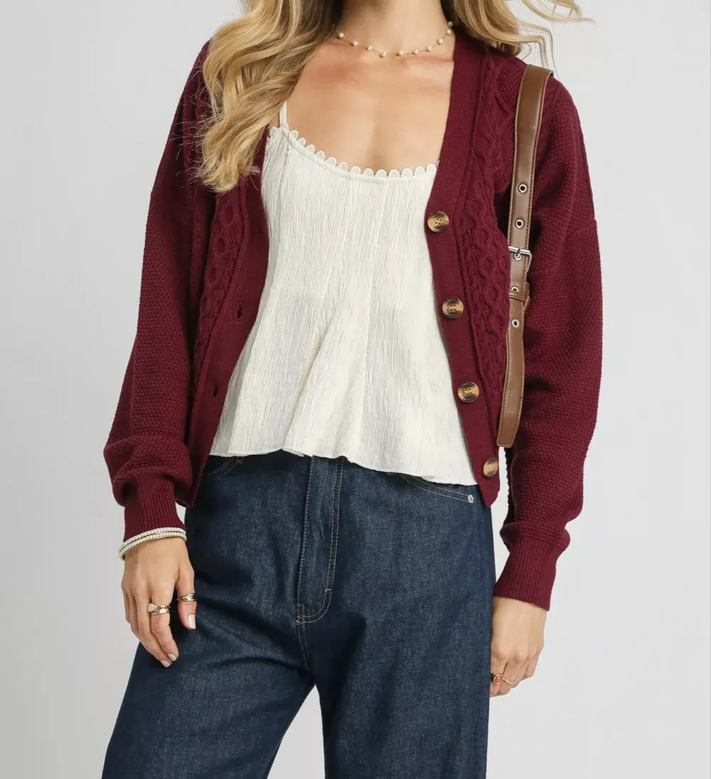 Chunky Cable-Knit V-Neck Button-Up Cardigan
