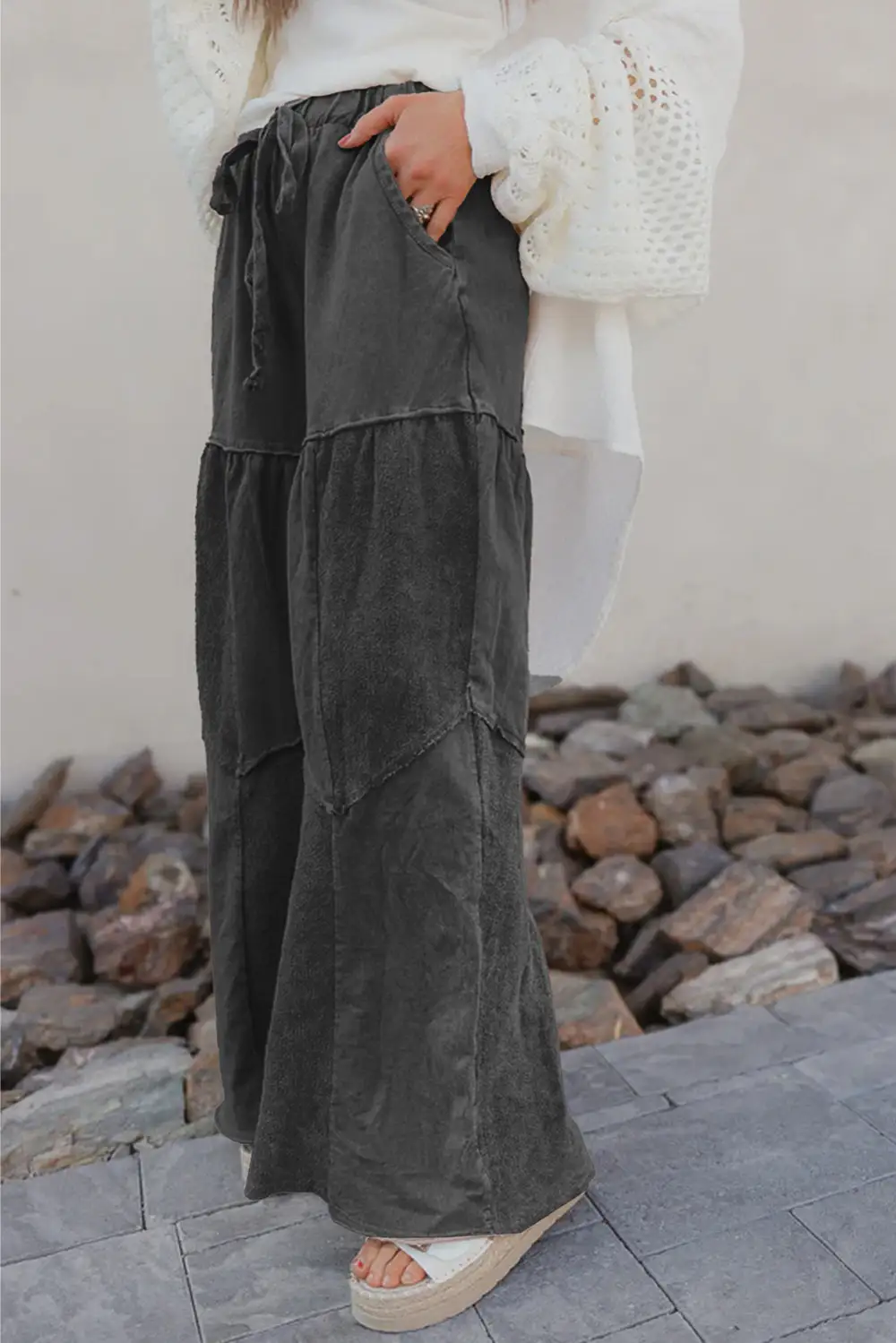 Wash Tiered Wide Leg Patchwork Drawstring Pants