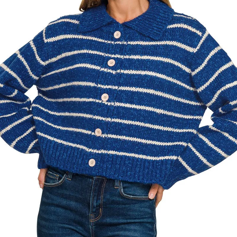 Striped Collared Button-Down Sweater Cardigan