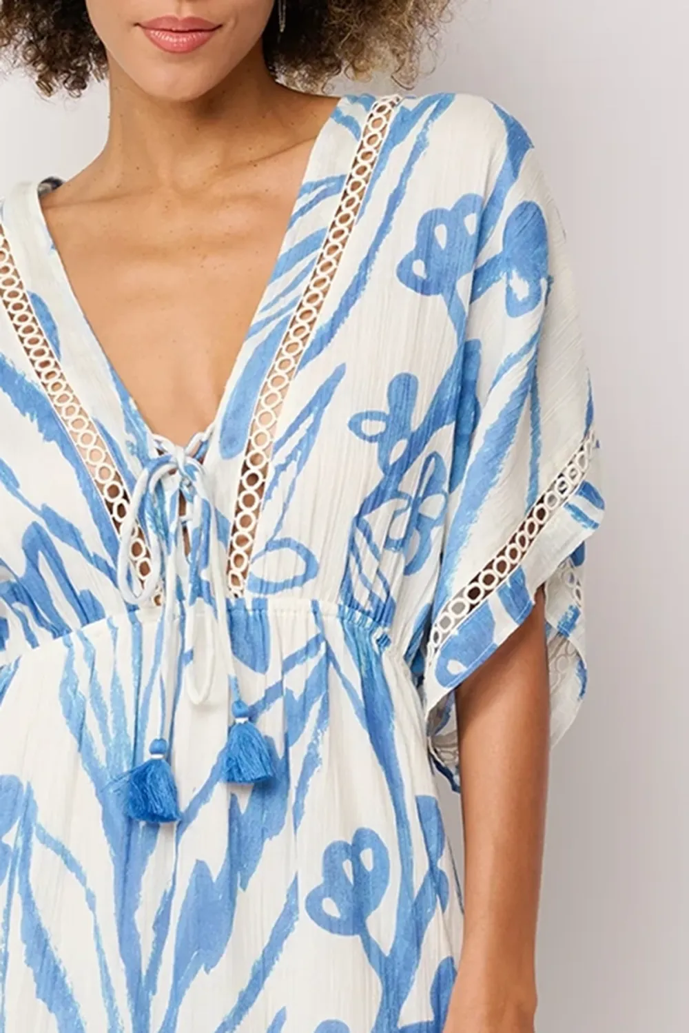 Blue And White Botanical Print V Neck Maxi Dress