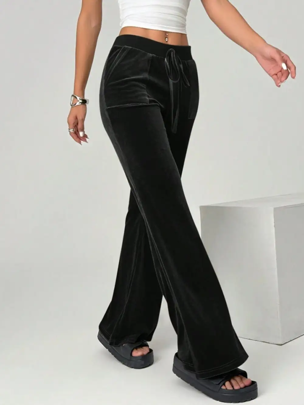 Velvet Flare Pants with Drawstring