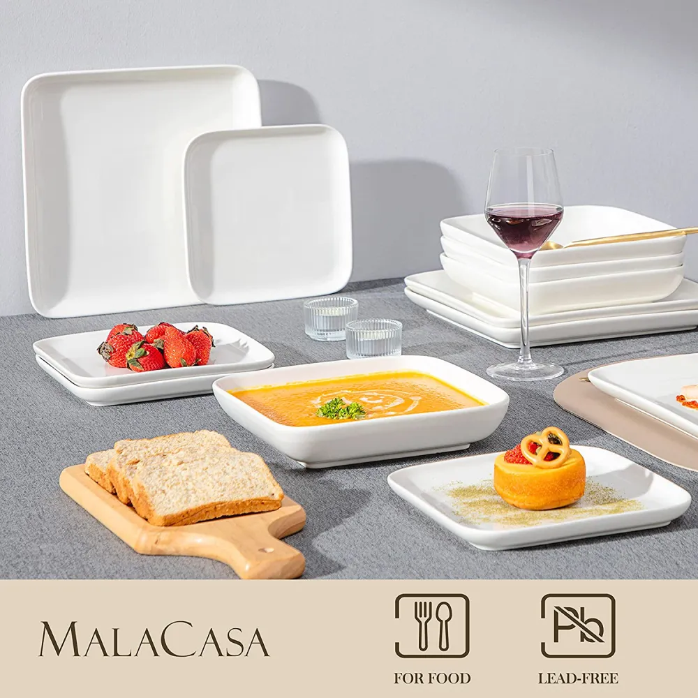 MALACASA Dishes Set for 12, Marble Grey Square Dinnerware Sets, 48 Piece Porcelain Plates and Bowls Sets with Dinner Plates, Dessert Plates, Soup Plates and Cereal Bowls, Series IVY