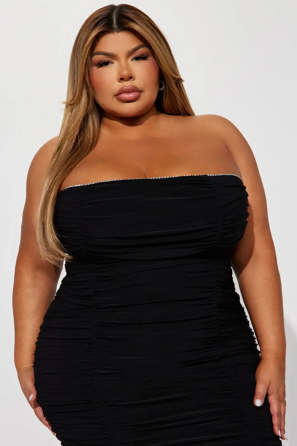 Ruched Embellished Tube Midi Dress - Black