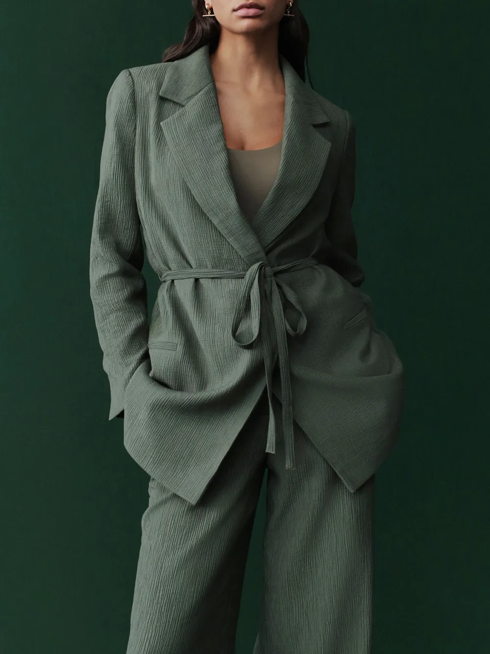 Green Textured Pleated Collar Casual Blazer