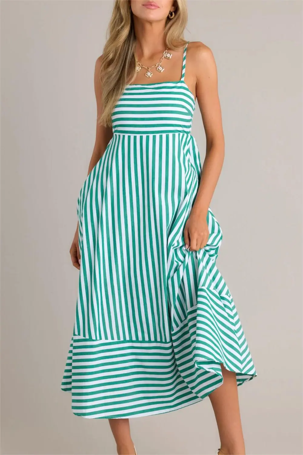 SERENE STUNNER 100% COTTON GREEN STRIPE MIDI DRESS