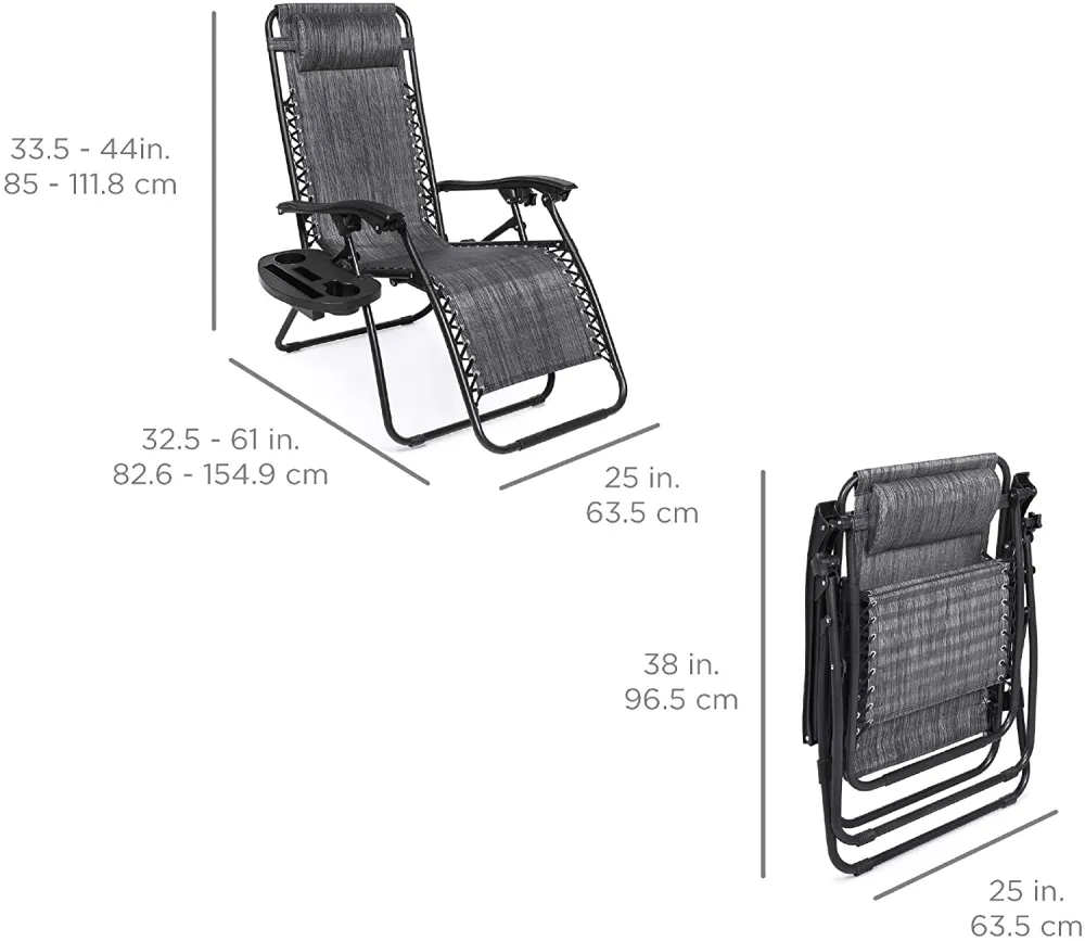 Set of 2 Adjustable Steel Mesh Zero Gravity Lounge Chair Recliners w/Pillows and Cup Holder Trays