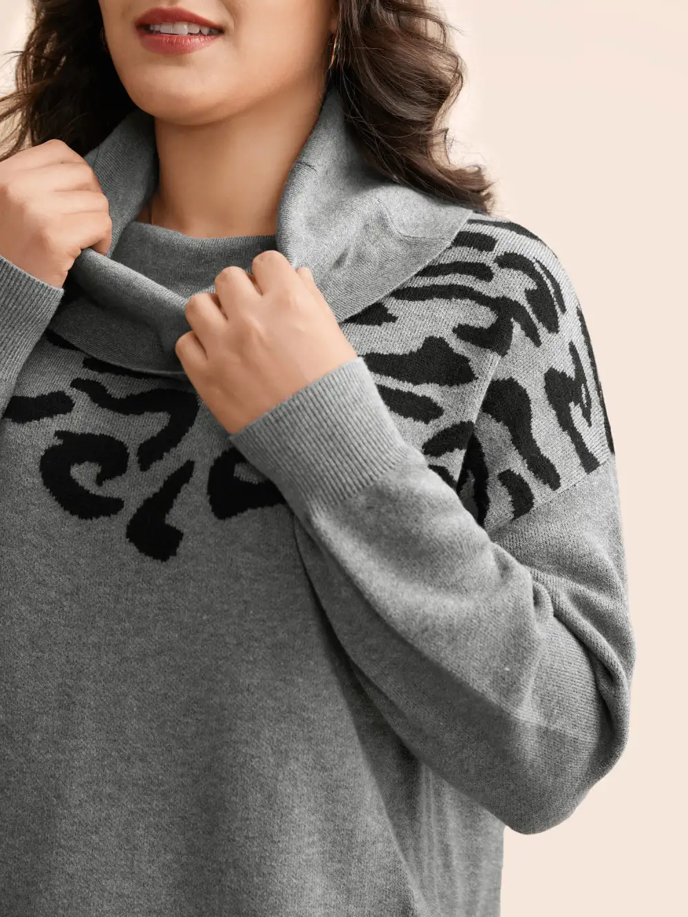 Leopard Print Turtleneck Drop Shoulder Sleeve Pullover