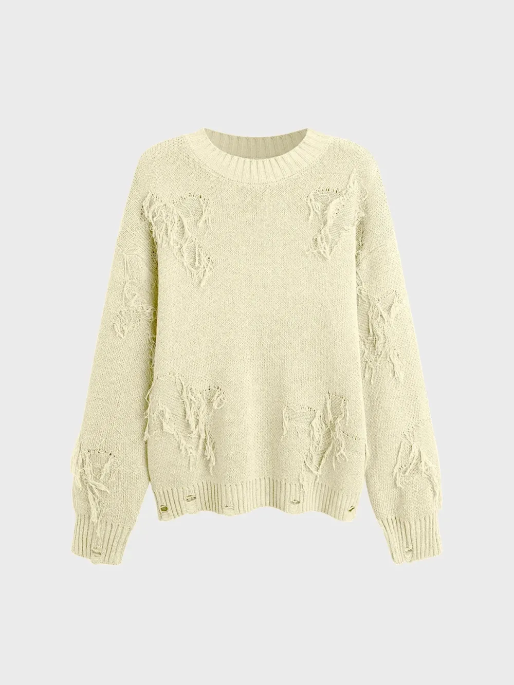 Knitted Raw Edge Crew Neck Cross Long Sleeve Sweater