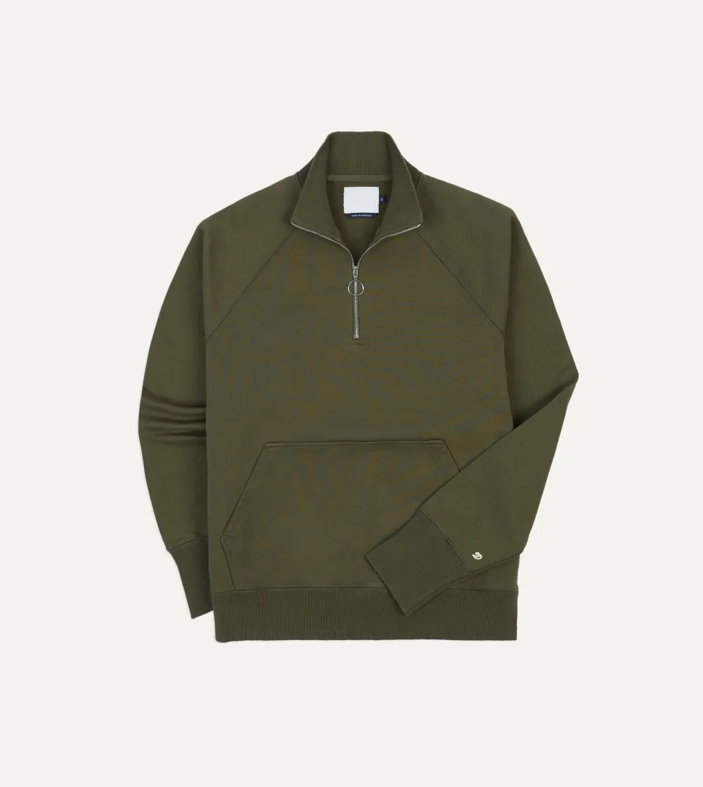 Khaki Green Cotton Quarter Zip Sweatshirt Plain