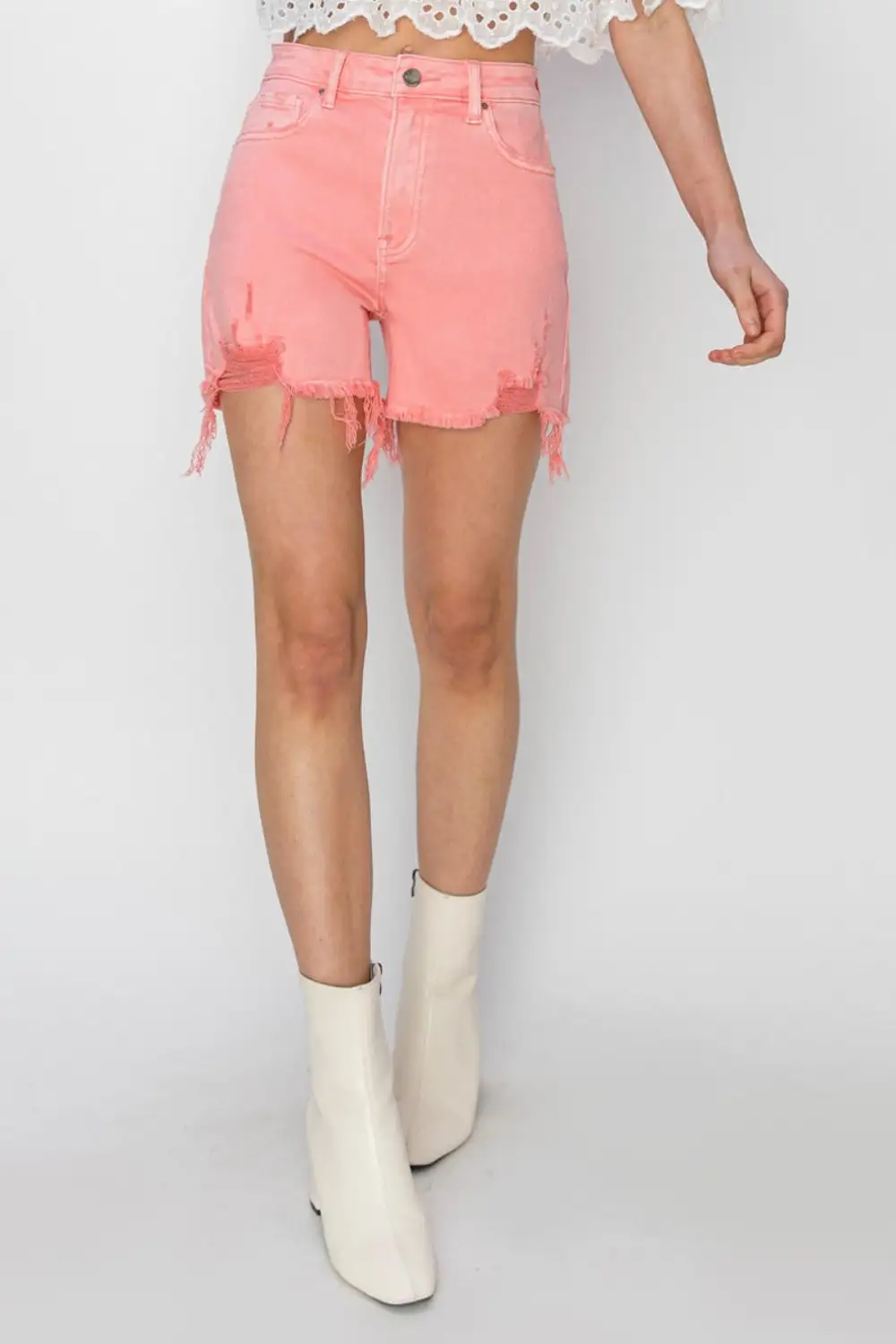 Weekend High Rise Distressed Hem Shorts