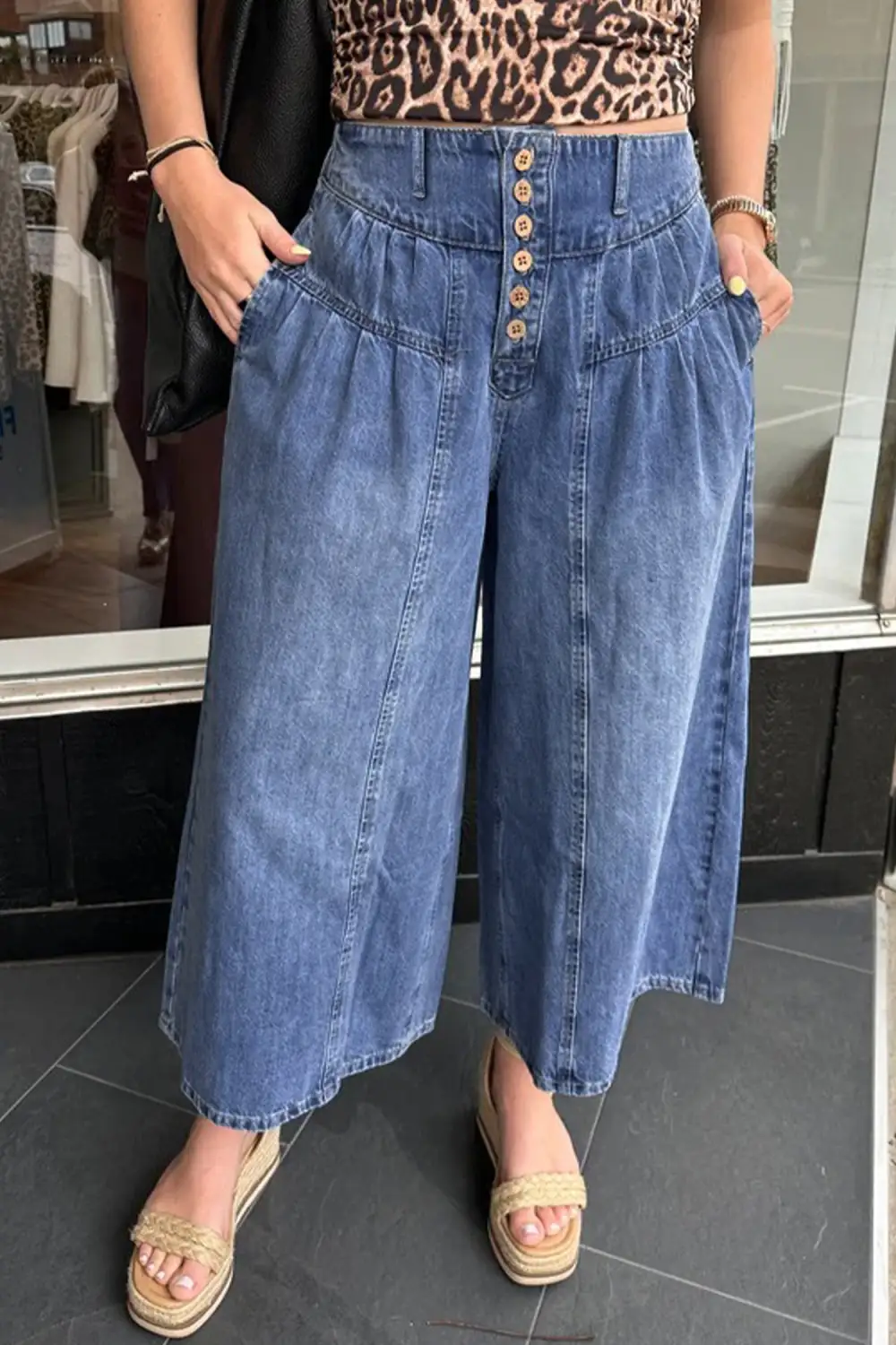 High Rise Buttons Pleated Cropped Wide Leg Denim Pants