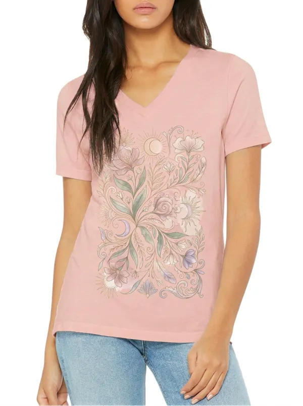 Women's Boho Celestial Floral Sun Moon Printed V-neck T-shirt