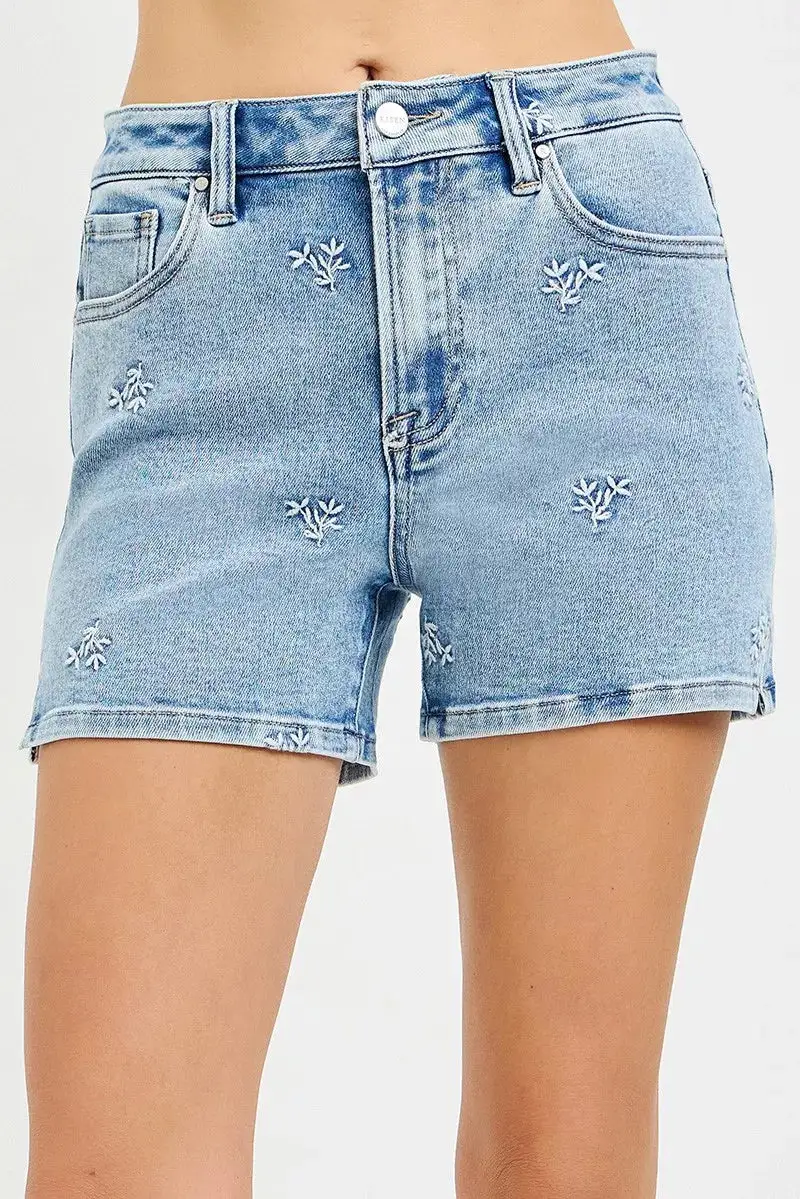 High Rise Denim Shorts With Embroidered Detail