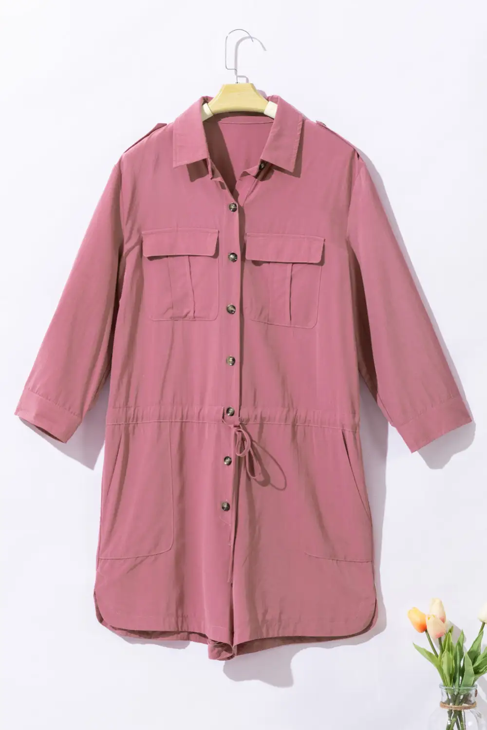 Roll Up Sleeve Flap Pockets Drawstring Playsuit